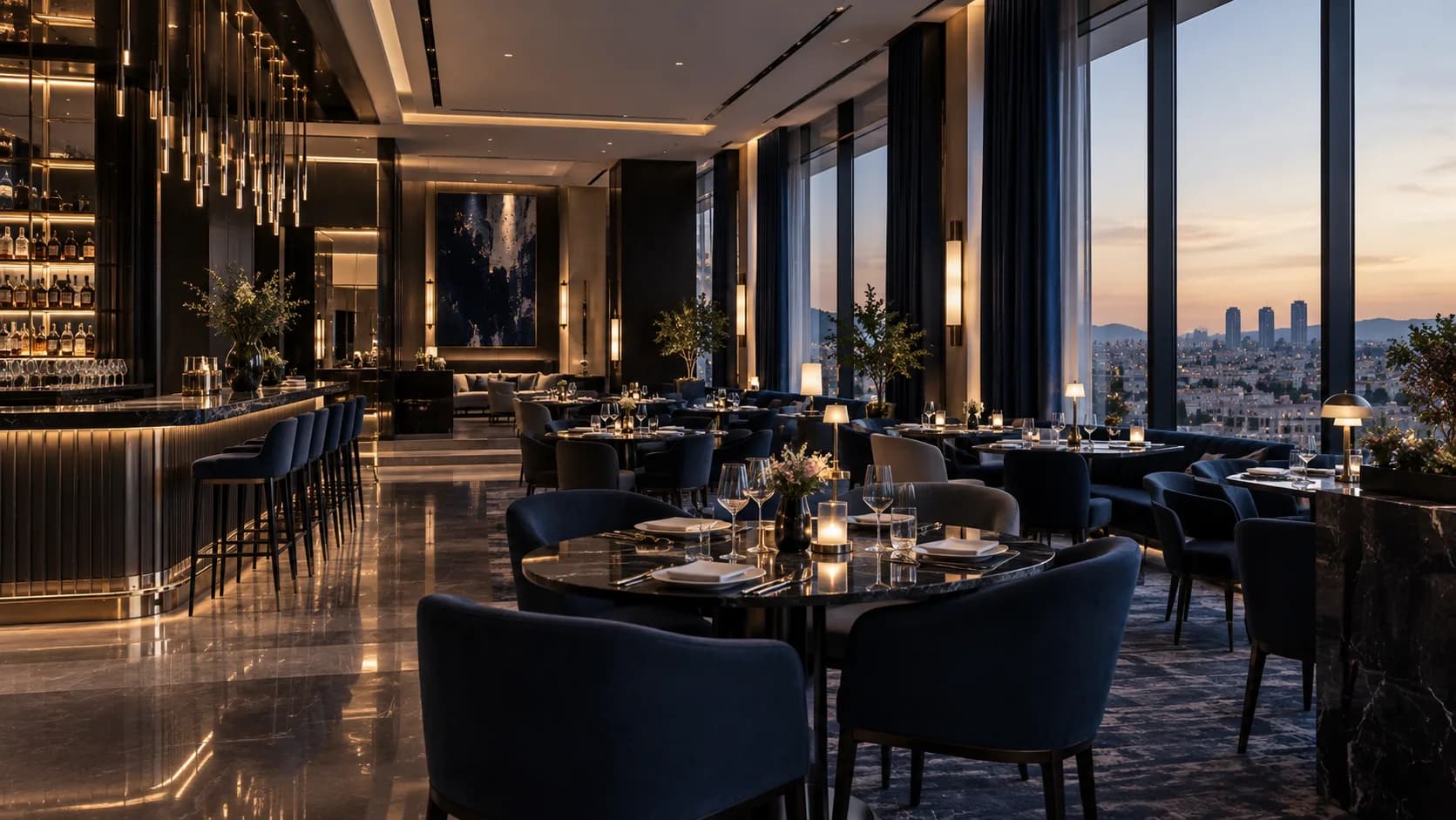 Fine-dining restaurant and bar lounge at dusk inside the Al Kayan hotel, navy velvet chairs and marble floors under warm pendant lighting, floor-to-ceiling windows framing the Amman skyline