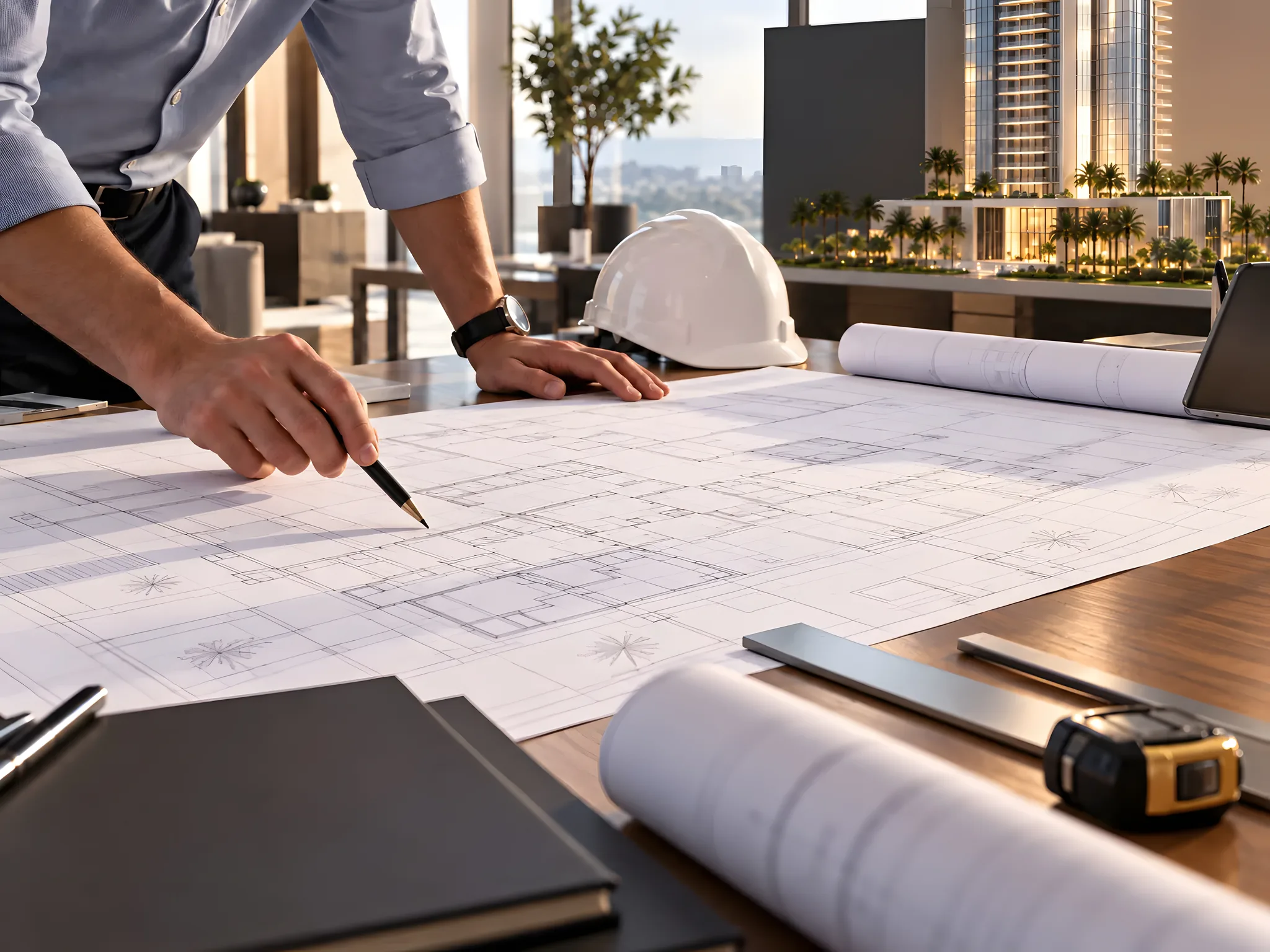 An architect leaning over a boardroom table, pen in hand, reviewing large hotel floor-plan blueprints beside a white hard hat and an illuminated scale model of the Al Kayan towers, the city skyline through the windows beyond
