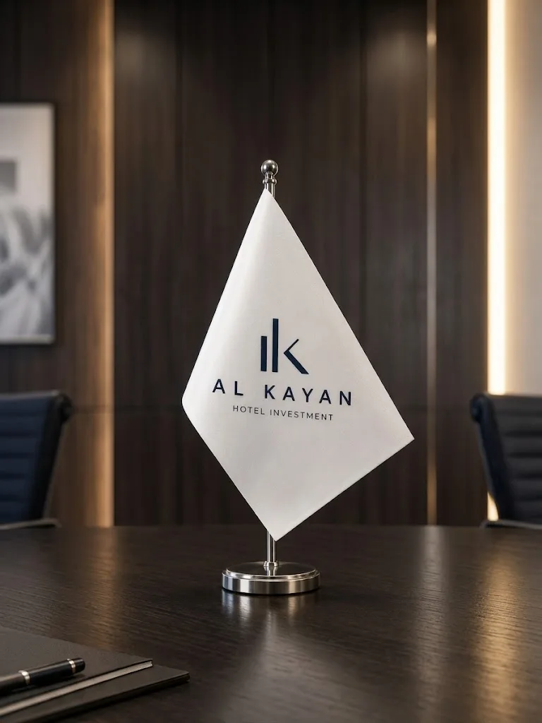 Al Kayan Hotel Investment table flag bearing the AK logo, standing centered on a dark wood boardroom table, a warm accent light and a framed artwork soft-focus beyond