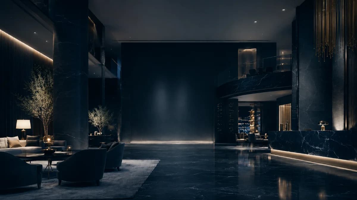Grand double-height hotel lobby at night, dark marble floors and columns with warm cove lighting, lounge seating and a curved mezzanine above the reception desk