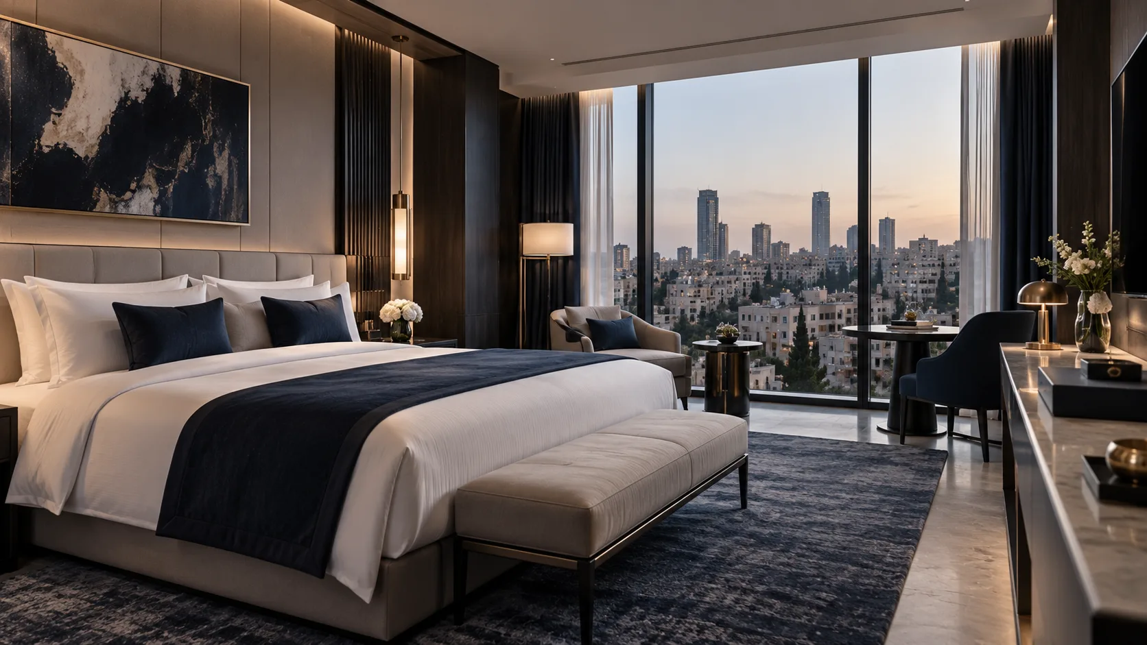 Luxury guest suite at dusk in the Al Kayan hotel, a king bed dressed in white and deep navy beside a sitting area, floor-to-ceiling windows over the Amman skyline