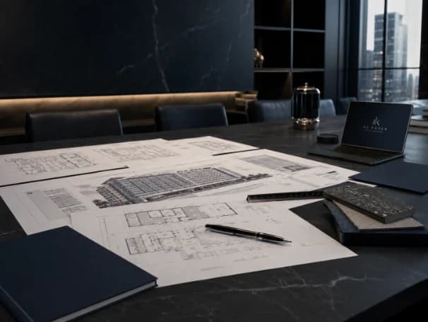 Construction drawings and floor plans of the Amman development laid out on a dark boardroom table with material samples and a branded laptop