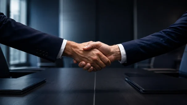 Two executives shaking hands across a boardroom table, closed portfolios at either side
