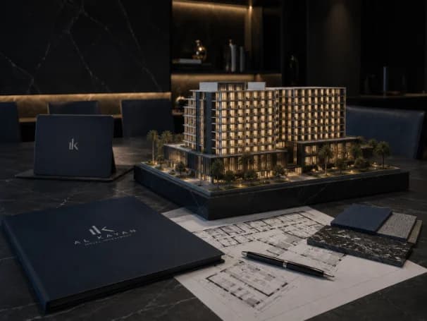Illuminated architectural scale model of the approximately 250-key hotel complex, surrounded by Al Kayan branded folios and floor plans
