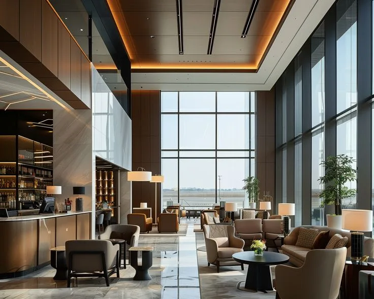 Double-height hotel lounge in daylight, marble floors and a long bar beneath a coffered ceiling, armchairs and sofas facing full-height glazing