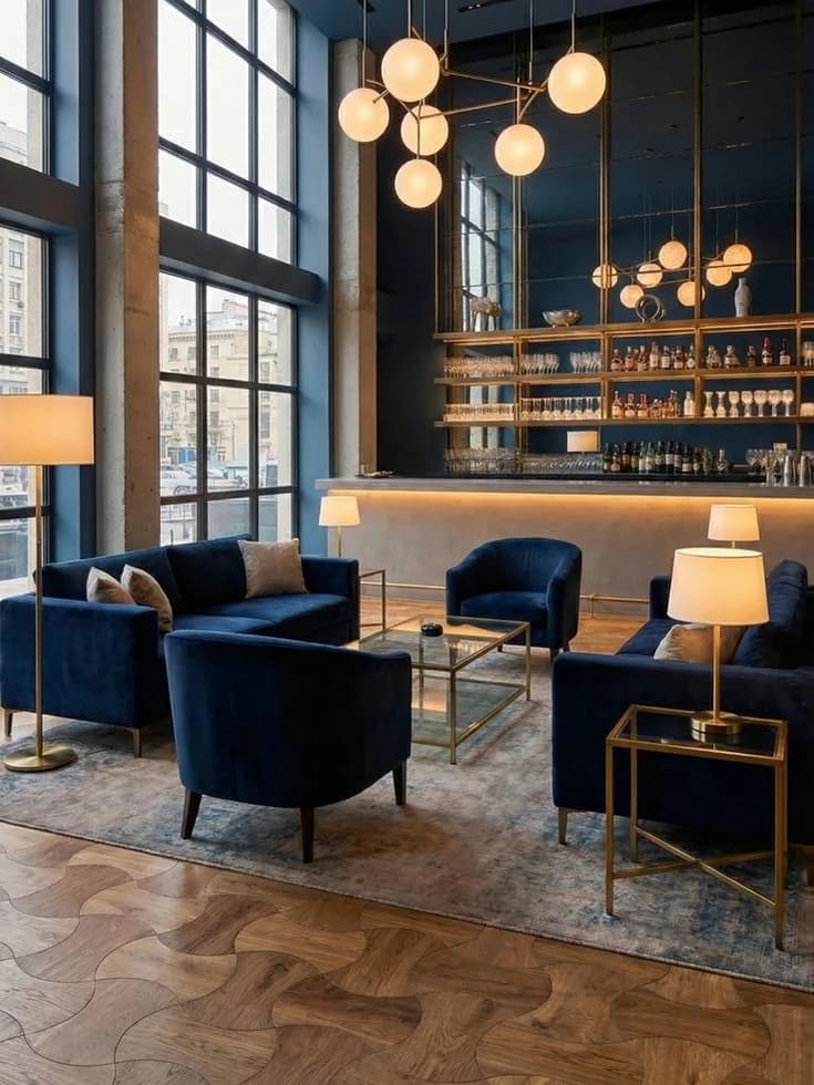 Navy-toned hotel bar lounge with velvet seating, brass shelving of glassware behind the counter, globe pendant lights and geometric oak parquet flooring